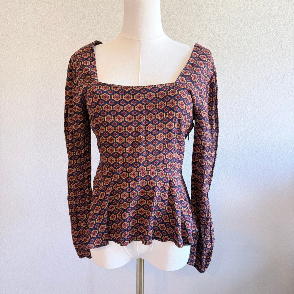 Blue Rain Boho Geometric Medallion Peplum Top‎ Square Neck Long Sleeve CT4569 M